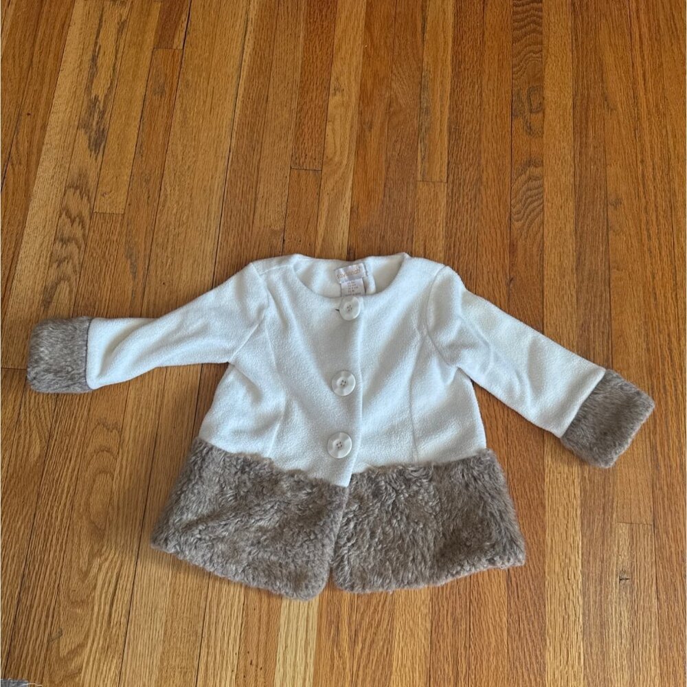 Savannah Baby Faux Fur Trim White Fleece Jacket 12M